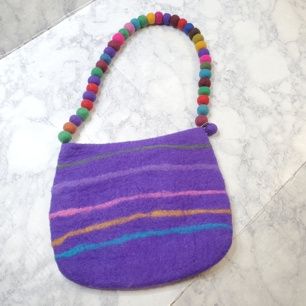 Felted Handbag Purple Colorful Stripes‎ Pompom Strap Retro Hippie 70s Kidcore